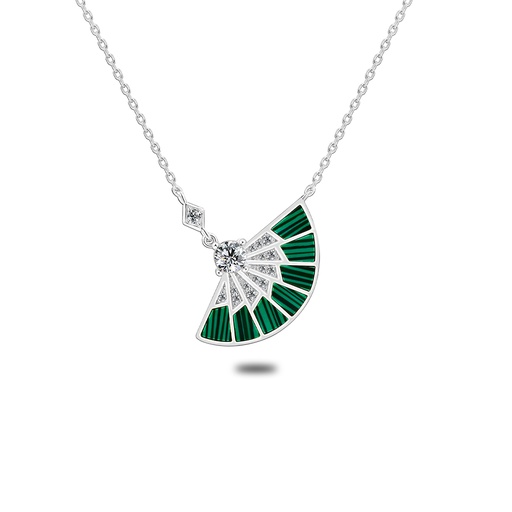 [NCL01MAL00WCZB673] Sterling Silver 925 Necklace Rhodium Plated Embedded With Malachite And White Zircon
