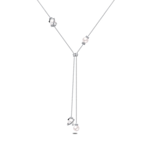 [NCL01PRL00WCZB677] Sterling Silver 925 Necklace Rhodium Plated Embedded With White Shell Pearl And White Zircon