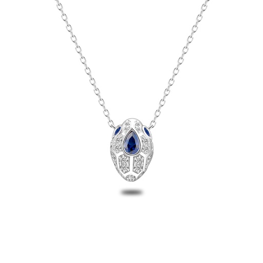[NCL01SAP00WCZB678] Sterling Silver 925 Necklace Rhodium Plated Embedded With Sapphire Corundum And White Zircon