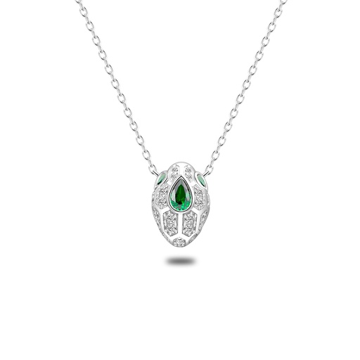 [NCL01EMR00WCZB678] Sterling Silver 925 Necklace Rhodium Plated Embedded With Emerald Zircon And White Zircon