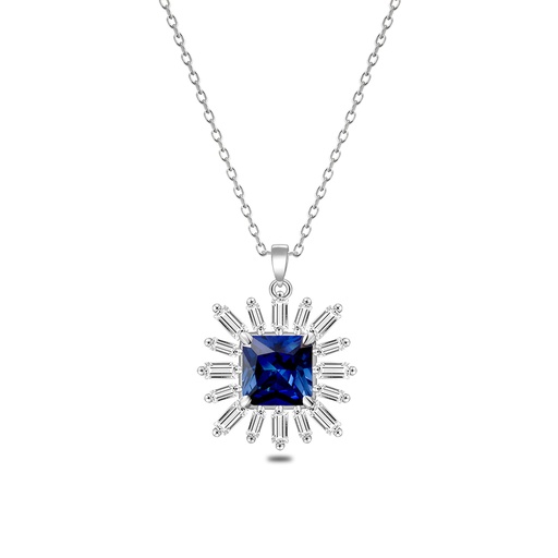 [NCL01SAP00WCZB679] Sterling Silver 925 Necklace Rhodium Plated Embedded With Sapphire Corundum And White Zircon