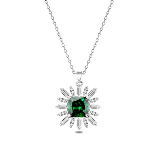 [NCL01EMR00WCZB679] Sterling Silver 925 Necklace Rhodium Plated Embedded With Emerald Zircon And White Zircon