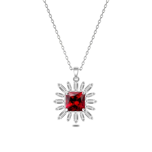 [NCL01RUB00WCZB679] Sterling Silver 925 Necklace Rhodium Plated Embedded With Ruby Corundum And White Zircon