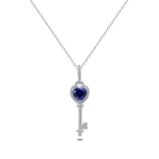 [NCL01SAP00WCZB683] Sterling Silver 925 Necklace Rhodium Plated Embedded With Sapphire Corundum And White Zircon