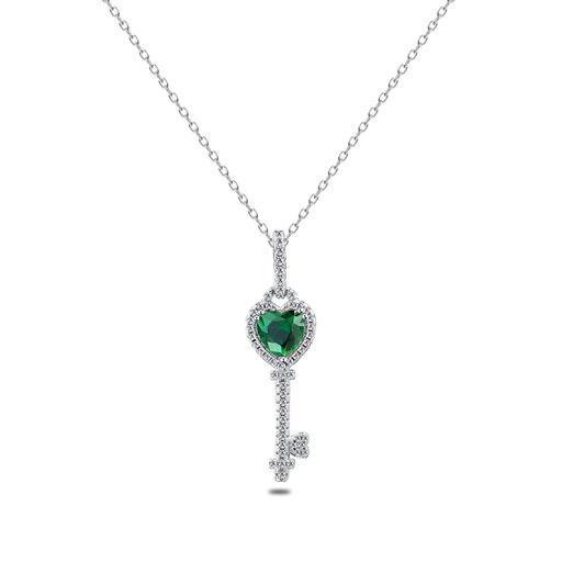 [NCL01EMR00WCZB683] Sterling Silver 925 Necklace Rhodium Plated Embedded With Emerald Zircon And White Zircon