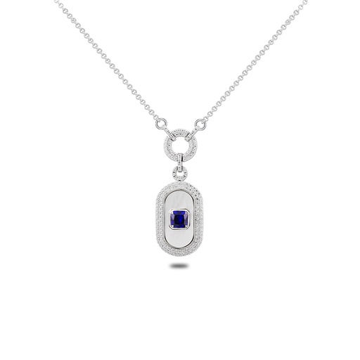 [NCL01SAP00MOPB689] Sterling Silver 925 Necklace Rhodium Plated Embedded With White Shell And Sapphire Corundum And White Zircon