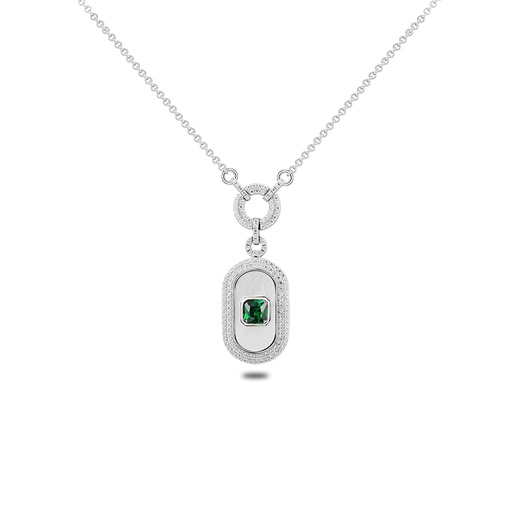 [NCL01EMR00MOPB689] Sterling Silver 925 Necklace Rhodium Plated Embedded With With White Shell And Emerald Zircon And White Zircon