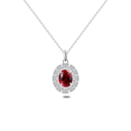 [NCL01RUB00WCZB691] Sterling Silver 925 Necklace Rhodium Plated Embedded With Ruby Corundum And White Zircon