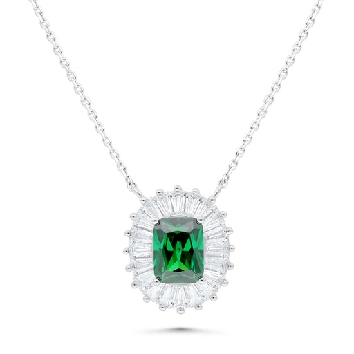 [NCL01EMR00WCZB663] Sterling Silver 925 Necklace Rhodium Plated Embedded With Emerald Zircon And White Zircon