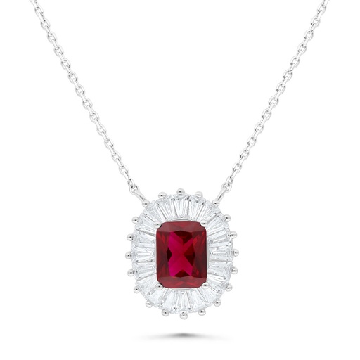 [NCL01RUB00WCZB663] Sterling Silver 925 Necklace Rhodium Plated Embedded With Ruby Corundum And White Zircon