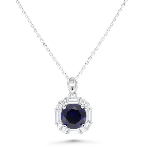 [NCL01SAP00WCZB667] Sterling Silver 925 Necklace Rhodium Plated Embedded With Sapphire Corundum And White Zircon