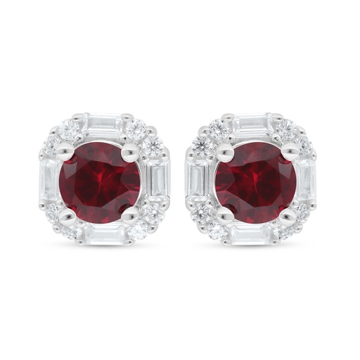 [EAR01RUB00WCZC552] Sterling Silver 925 Earring Rhodium Plated Embedded With Ruby Corundum And White Zircon