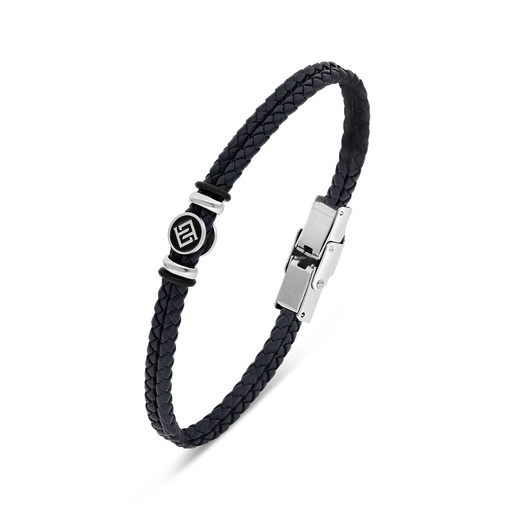 [BRC1000000000A222] Stainless Steel Bracelet 316L And 304L Silver Plated With Blue And Black Leather (LOGO)