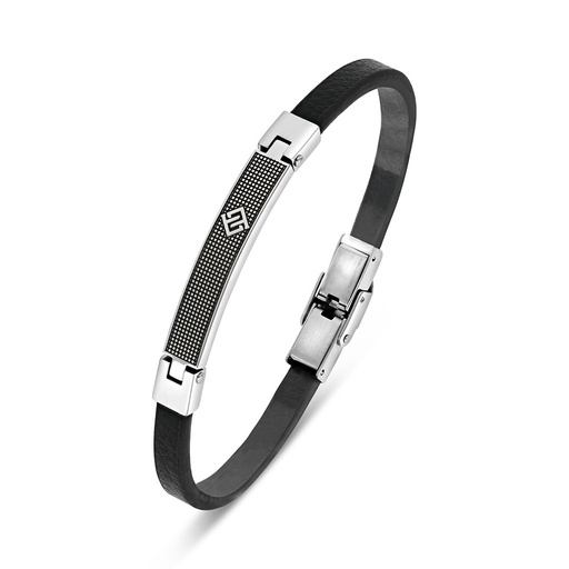 [BRC1000000000A223] Stainless Steel Bracelet 316L And 304L Silver Plated With Black Leather (LOGO)