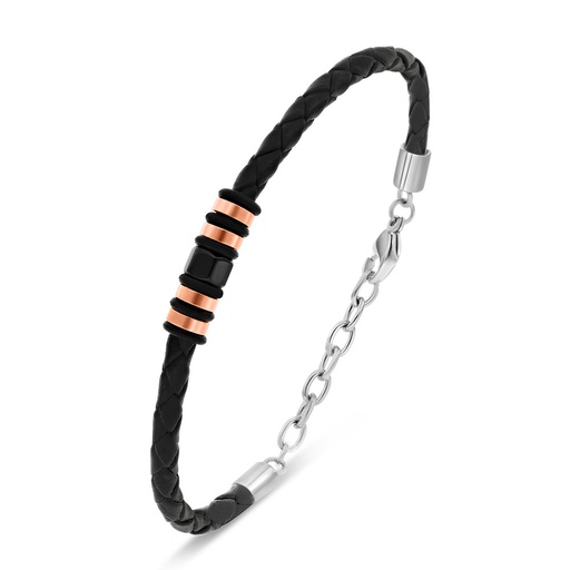 [BRC1000000000A235] Stainless Steel Bracelet 316L Silver And Black And Rose Gold Plated With Black Leather 