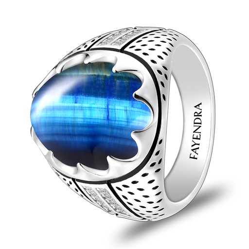 Sterling Silver 925 Ring Rhodium Plated Embedded With BLUE TIGER EYE And White CZ