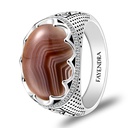 Sterling Silver 925 Ring Rhodium Plated Embedded With BOTSWANA AGATE And White CZ