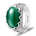 Sterling Silver 925 Ring Rhodium Plated Embedded With Malachite And White CZ