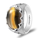 Sterling Silver 925 Ring Rhodium Plated Embedded With YELLOW TIGER EYE And White CZ