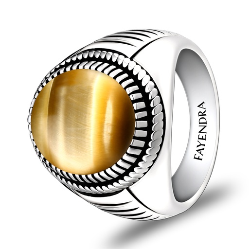 Sterling Silver 925 Ring Rhodium Plated Embedded With GOLD TIGER EYE