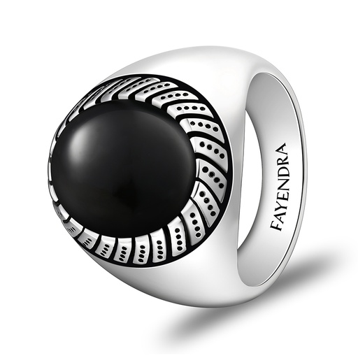 Sterling Silver 925 Ring Rhodium Plated Embedded With Black Agate