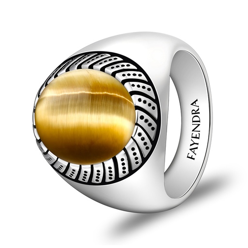 Sterling Silver 925 Ring Rhodium Plated Embedded With GOLD TIGER EYE