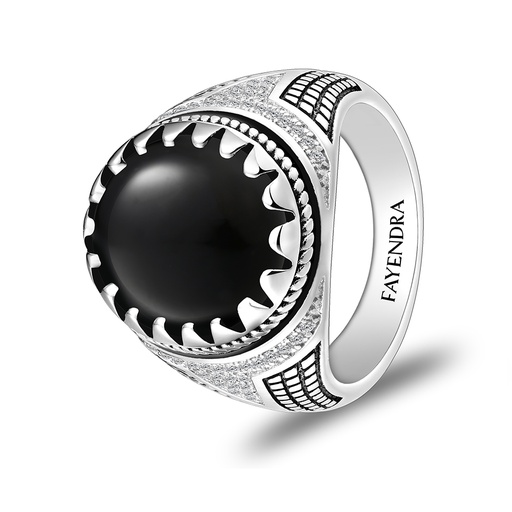 Sterling Silver 925 Ring Rhodium Plated Embedded With Black Agate And White CZ