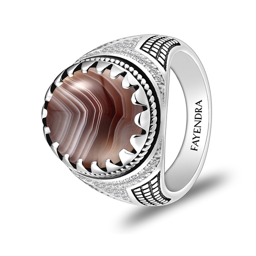 Sterling Silver 925 Ring Rhodium Plated Embedded With BOTSWANA AGATE And White CZ