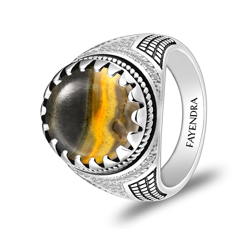 Sterling Silver 925 Ring Rhodium Plated Embedded With ECLIPSE STONE And White CZ