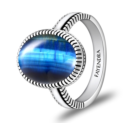 Sterling Silver 925 Ring Rhodium Plated Embedded With BLUE TIGER EYE