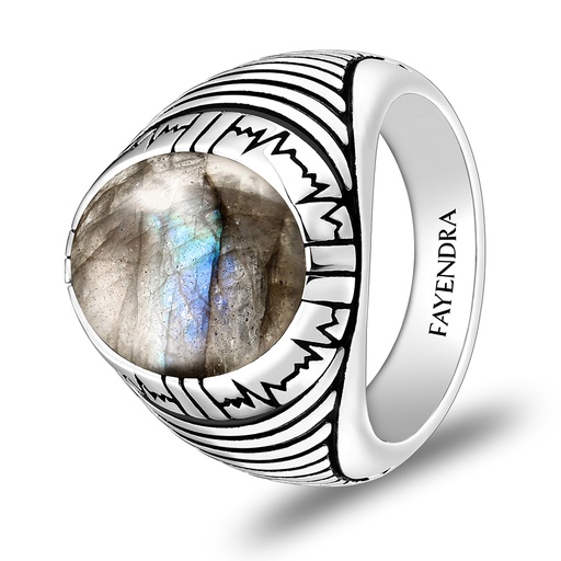 Sterling Silver 925 Ring Rhodium Plated Embedded With LABRADORITE