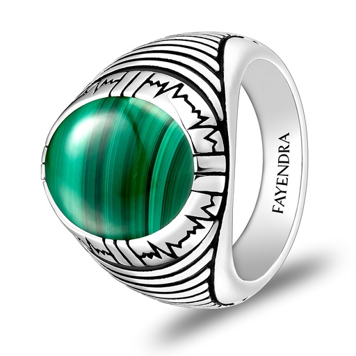 Sterling Silver 925 Ring Rhodium Plated Embedded With Malachite