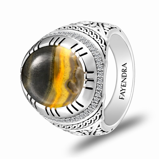 Sterling Silver 925 Ring Rhodium Plated Embedded With YELLOW TIGER EYE And White CZ