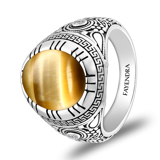 Sterling Silver 925 Ring Rhodium Plated Embedded With GOLD TIGER EYE And White CZ