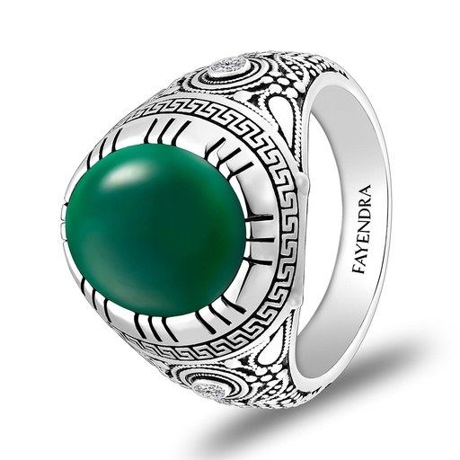 Sterling Silver 925 Ring Rhodium Plated Embedded With GREEN AGATE And White CZ