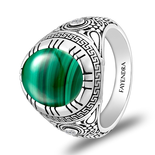 Sterling Silver 925 Ring Rhodium Plated Embedded With Malachite And White CZ