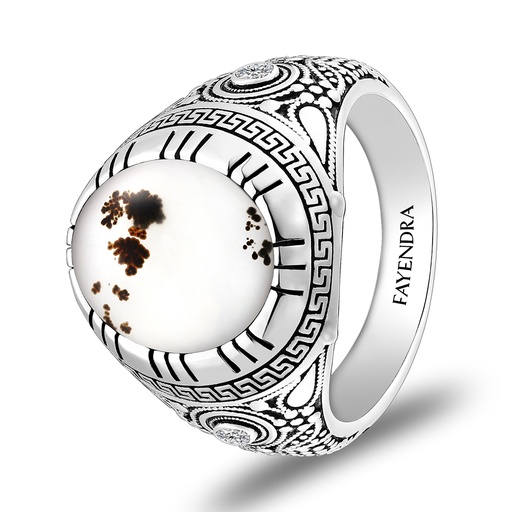 Sterling Silver 925 Ring Rhodium Plated Embedded With NATURAL AGATE And White CZ