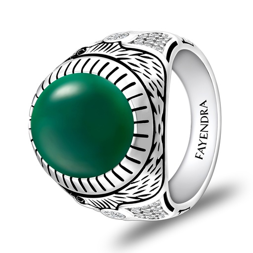 Sterling Silver 925 Ring Rhodium Plated Embedded With GREEN AGATE And White CZ