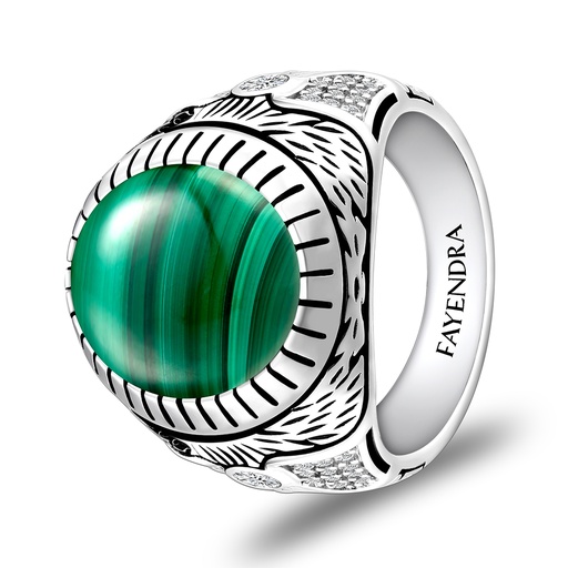 Sterling Silver 925 Ring Rhodium Plated Embedded With Malachite And White CZ