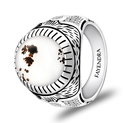 Sterling Silver 925 Ring Rhodium Plated Embedded With NATURAL AGATE And White CZ
