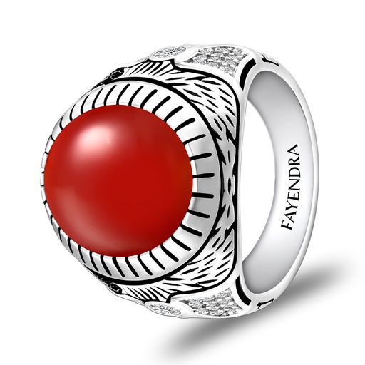 Sterling Silver 925 Ring Rhodium Plated Embedded With RED AGATE And White CZ