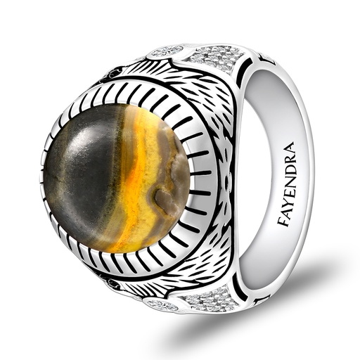 Sterling Silver 925 Ring Rhodium Plated Embedded With YELLOW TIGER EYE And White CZ