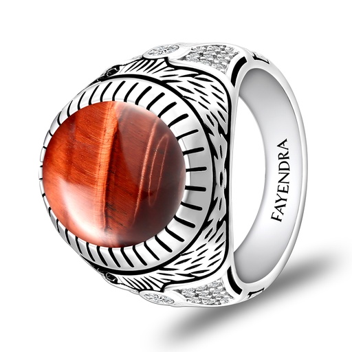 Sterling Silver 925 Ring Rhodium Plated Embedded With RED TIGER EYE And White CZ