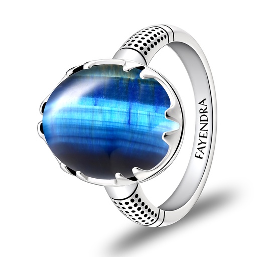 Sterling Silver 925 Ring Rhodium Plated Embedded With BLUE TIGER EYE