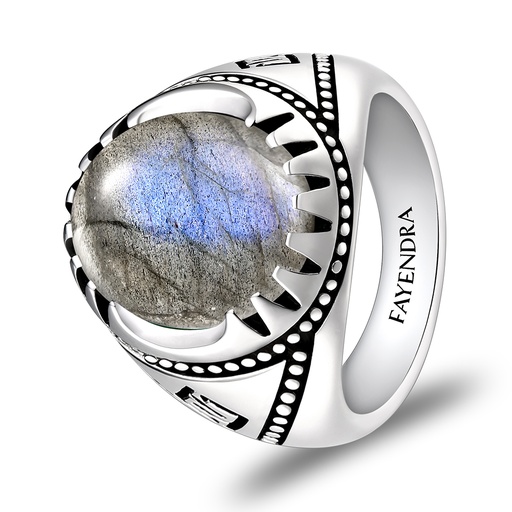Sterling Silver 925 Ring Rhodium Plated Embedded With LABRADORITE