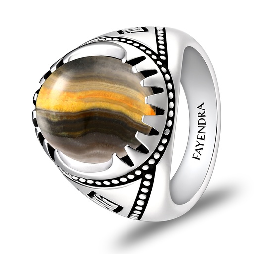 Sterling Silver 925 Ring Rhodium Plated Embedded With YELLOW TIGER EYE