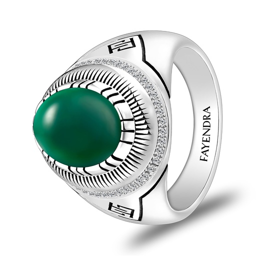 Sterling Silver 925 Ring Rhodium Plated Embedded With GREEN AGATE And White CZ