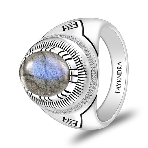 Sterling Silver 925 Ring Rhodium Plated Embedded With LABRADORITE And White CZ