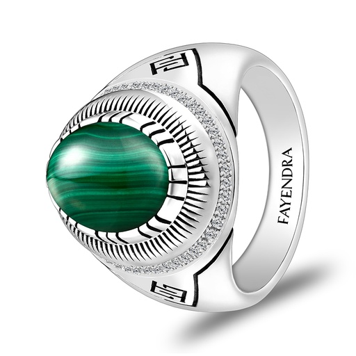 Sterling Silver 925 Ring Rhodium Plated Embedded With Malachite And White CZ