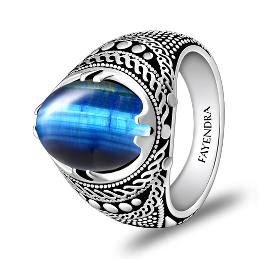 Sterling Silver 925 Ring Rhodium Plated Embedded With BLUE TIGER EYE